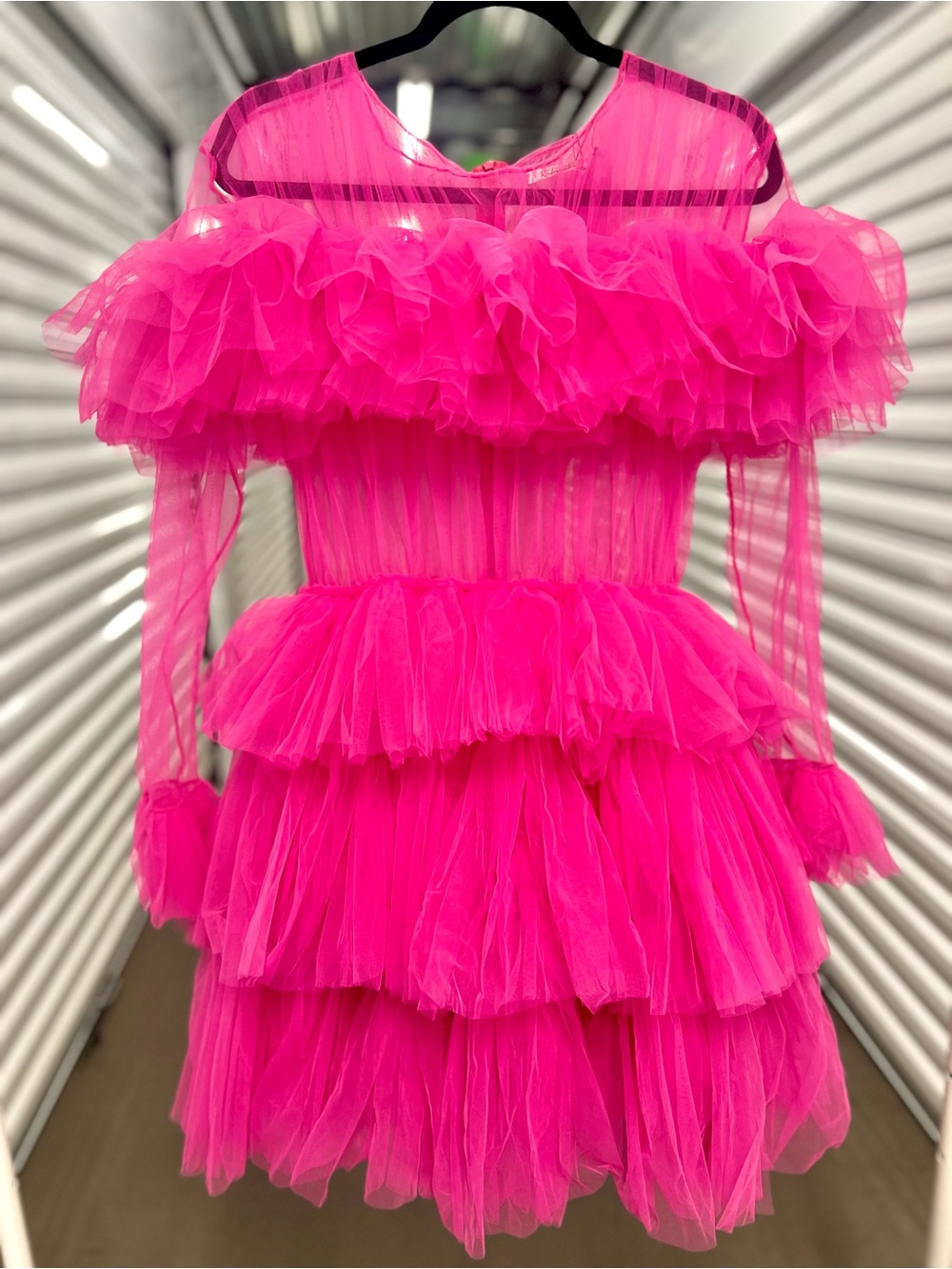 Vibrant Hot Pink Tiered Tulle Mini Dress - Picture 8 of 12